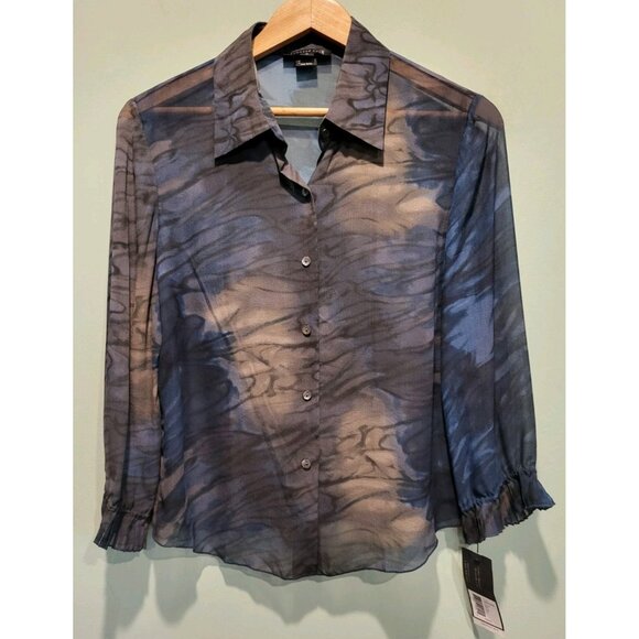 New 100% Silk Sheer Dark Blue Black Button Up Shirt  Kenneth Cole Sz 12 - Picture 1 of 6